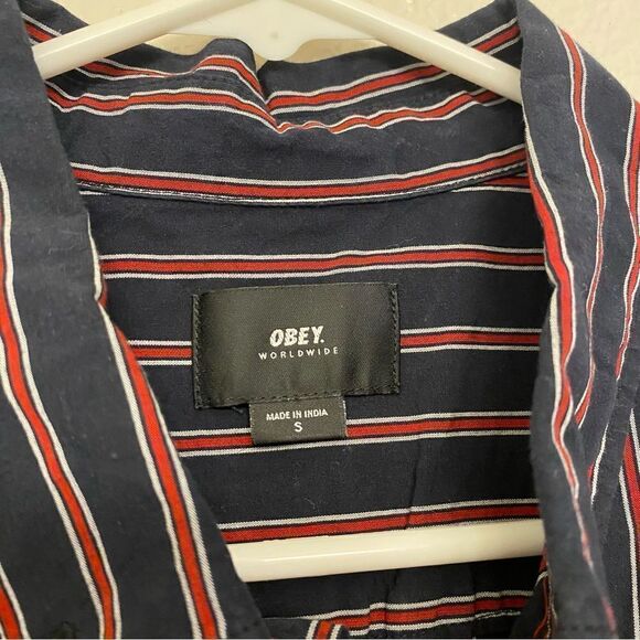 Obey 100% cotton Button Down stripe blue red casual Short Sleeve Shirt -S - Picture 4 of 7
